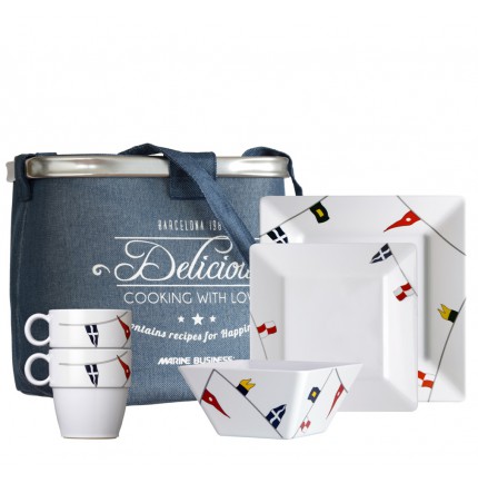 Pack vaisselle antidérapante 24 pièces blanche à décoration marine - "REGATA" Pack vaisselle antidérapante 24 pièces blanche à décoration marine - "REGATA"