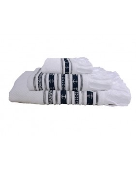 Serviettes de bain blanches à rayures bleues et franges