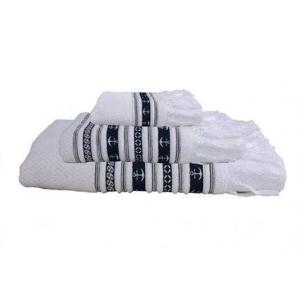 Serviettes de bain blanches à rayures bleues et franges