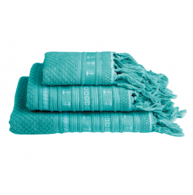 3 serviettes de bain turquoise avec des franges