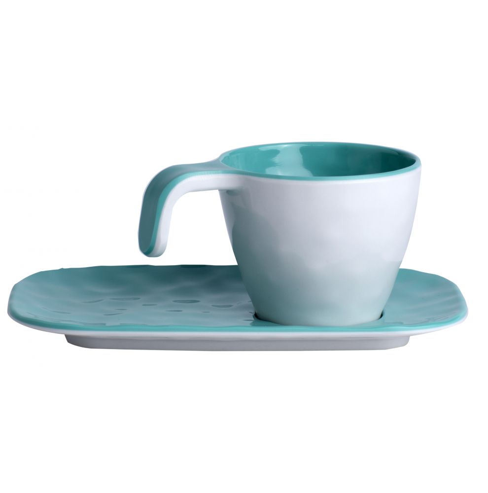 Coffret 6 tasses expresso et soucoupes en mélamine aspect céramique - Turquoise