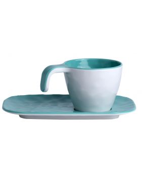 Coffret 6 tasses expresso et soucoupes en mélamine aspect céramique - Turquoise