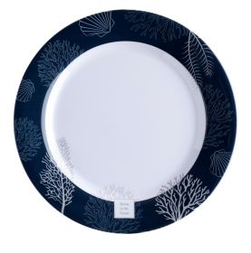 6 assiettes plates bleu marine et blanches à motifs coralliens
