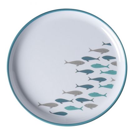 6 petites assiettes antidérapantes décor banc de poisson bleu et blanc
