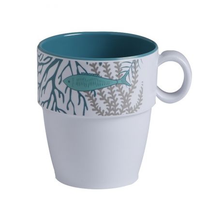 6 mugs antidérapant décor fond corallien blanc gris et bleu