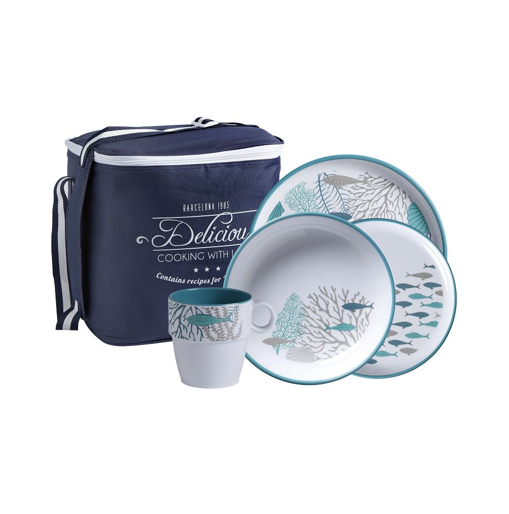 Pack vaisselle 4 Pers. décor fond corallien coloris turquoise et blanc