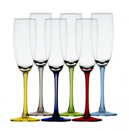 6 flûtes à champagne pied multicolore en mélamine
