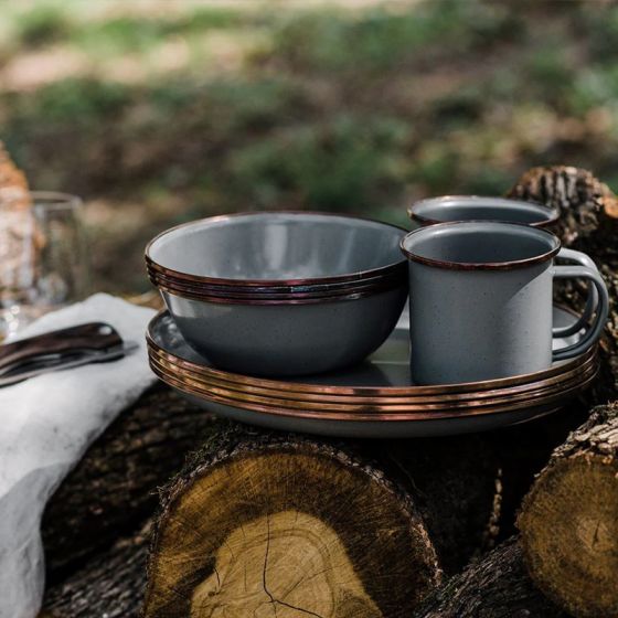 Lot de 2 tasses à café émaillées gris foncé et mouchetées