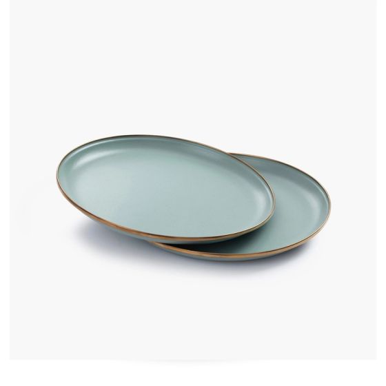 Assiettes plate 28 cm vert d'eau émaillées et bordure bronze