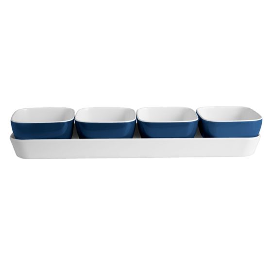 Set apéro ou snacks de 4 coupelles avec plateau bleu marine/blanc