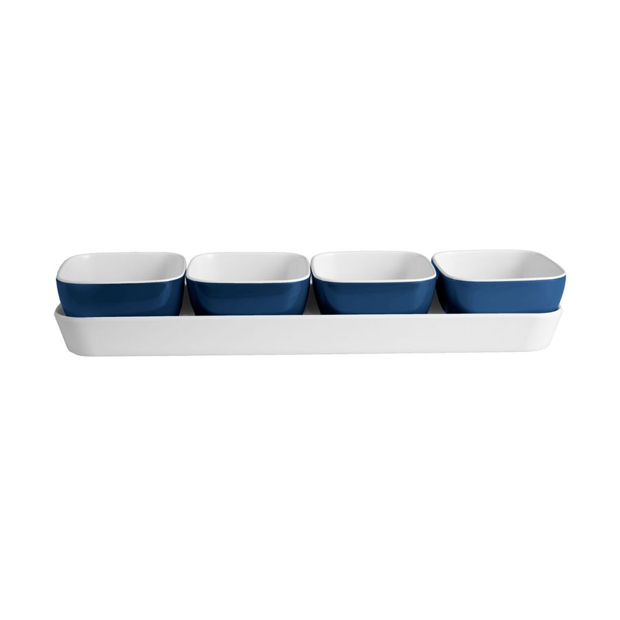 Set apéro ou snacks de 4 coupelles avec plateau bleu marine/blanc